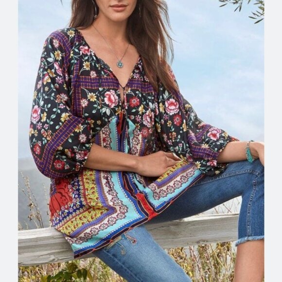Johnny Was Womens‎ Lookout Electra Silk Printed Tunic Shirt Size XS Boho Hippie - Picture 1 of 11